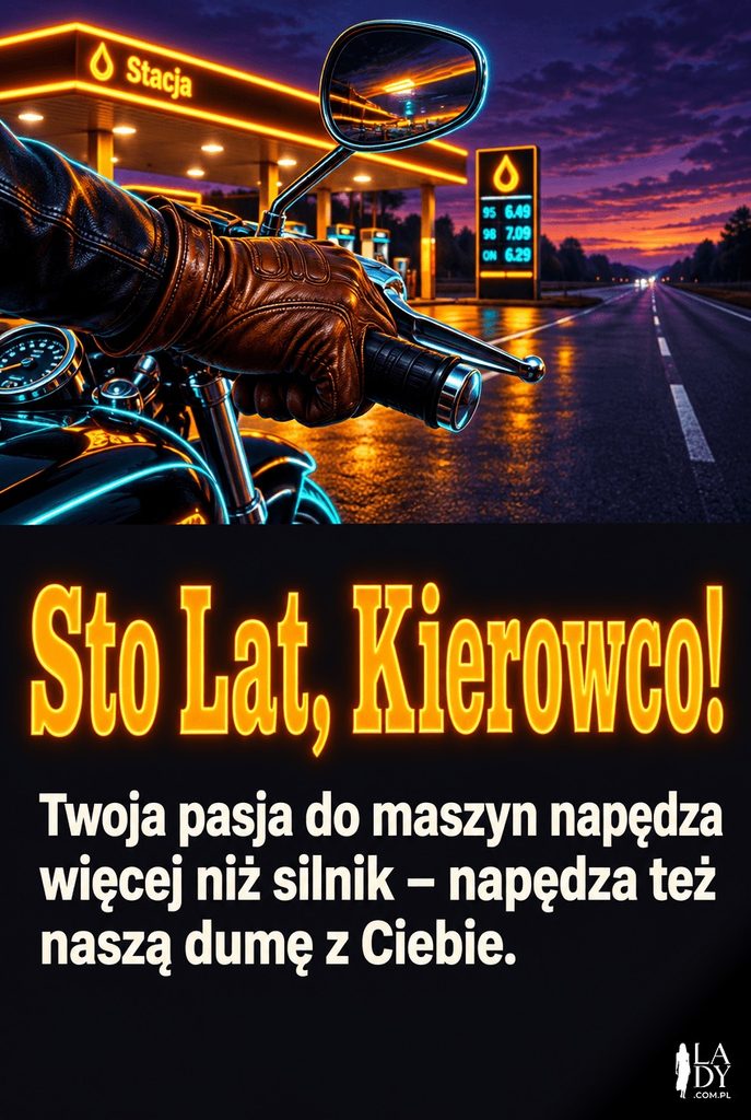 Kartka urodzinowa ze świecącymi konturami motocykla na stacji paliw o zmierzchu.