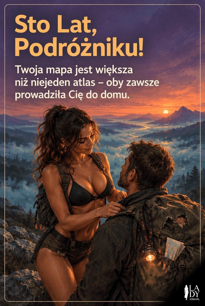 Malarska kartka urodzinowa z sylwetką wędrowca na grzbiecie górskim o zmierzchu.