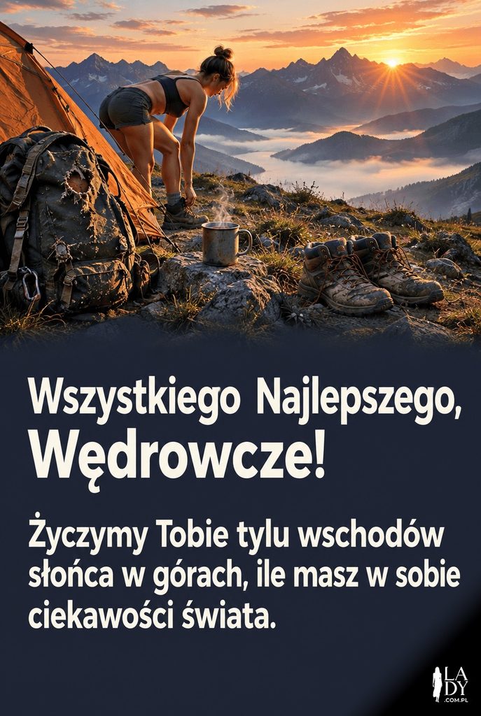 Kartka urodzinowa dla syna podróżnika ze sceną biwaku w górach o świcie.