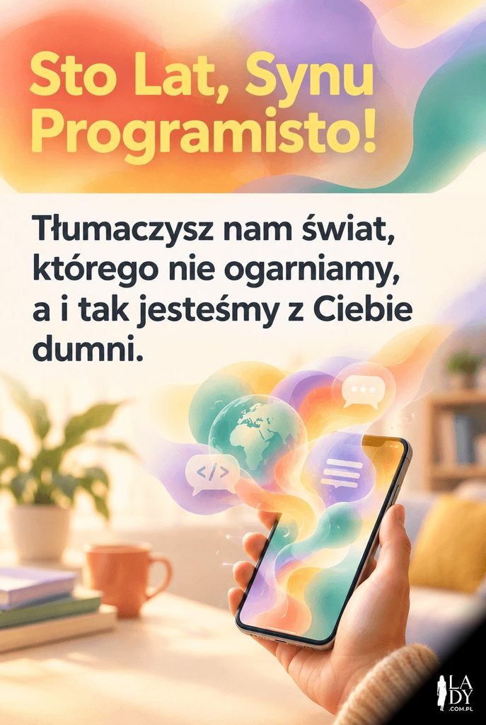 Kartka urodzinowa w gradientowej stylistyce dla syna pasjonata technologii, z życzeniem urodzinowym.