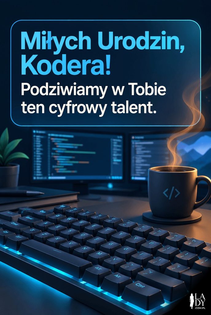 Kartka urodzinowa dla syna programisty z podświetloną klawiaturą i parującą kawą nocą.