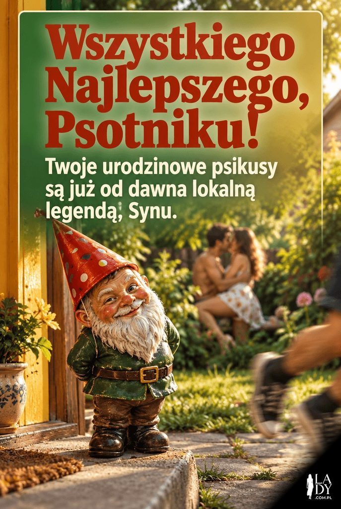 Fotorealistyczna kartka urodzinowa z krasnalem ogrodowym w czapeczce imprezowej dla syna psotnika.