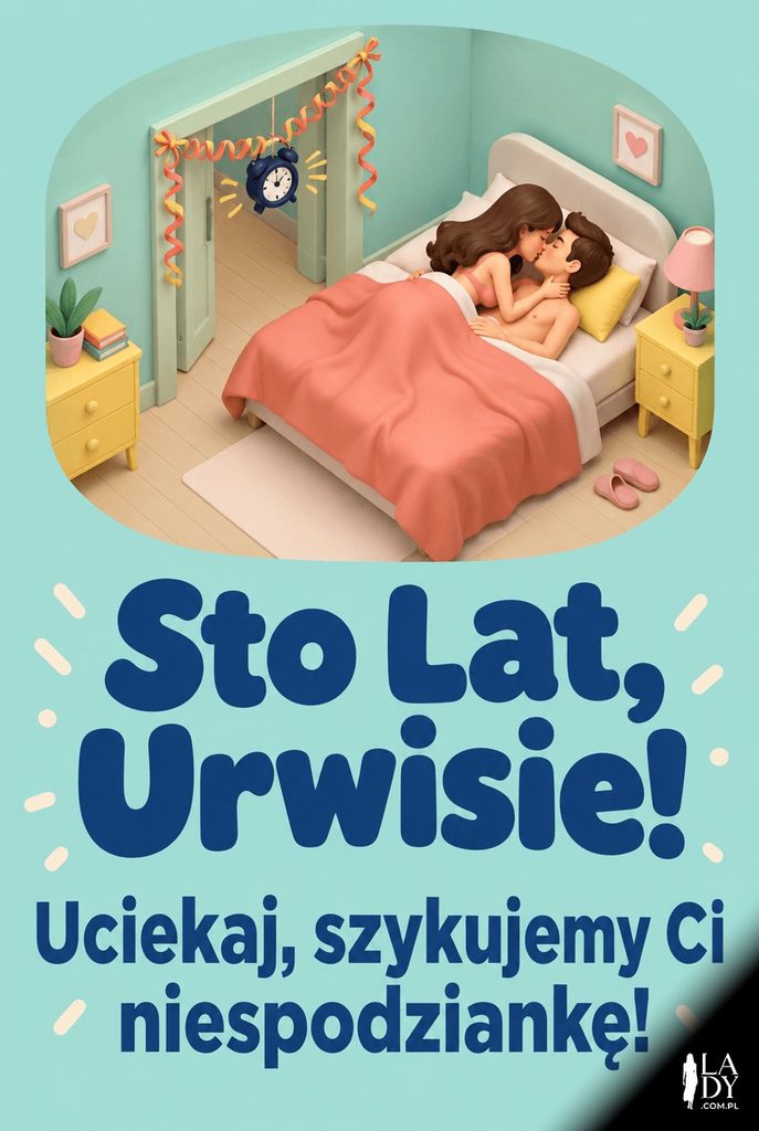 Kartka urodzinowa w stylu izometrycznej diaromy z żartobliwą pułapką przy drzwiach.
