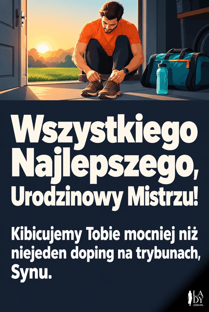 Kartka urodzinowa dla syna sportowca z butami do biegania sznurowanymi o poranku.
