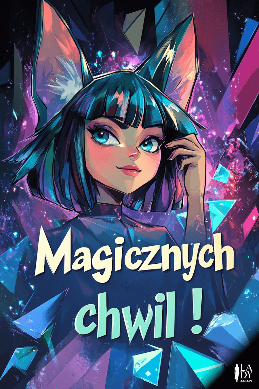 Nowoczesna kartka urodzinowa, młoda wróżka wśród kolorowych kryształów, z napisem: Magicznych chwil