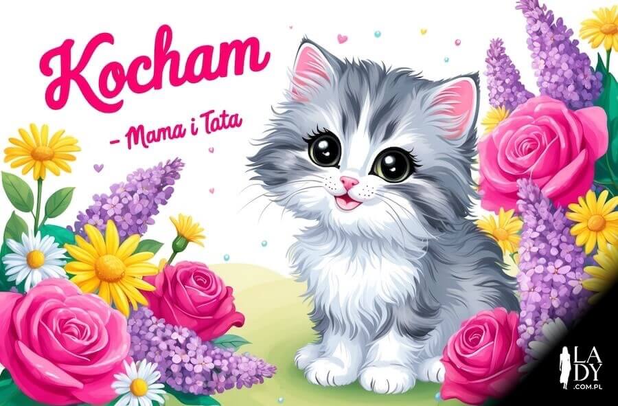 Kartka z kotkiem, napis: Kocham - mama i tata