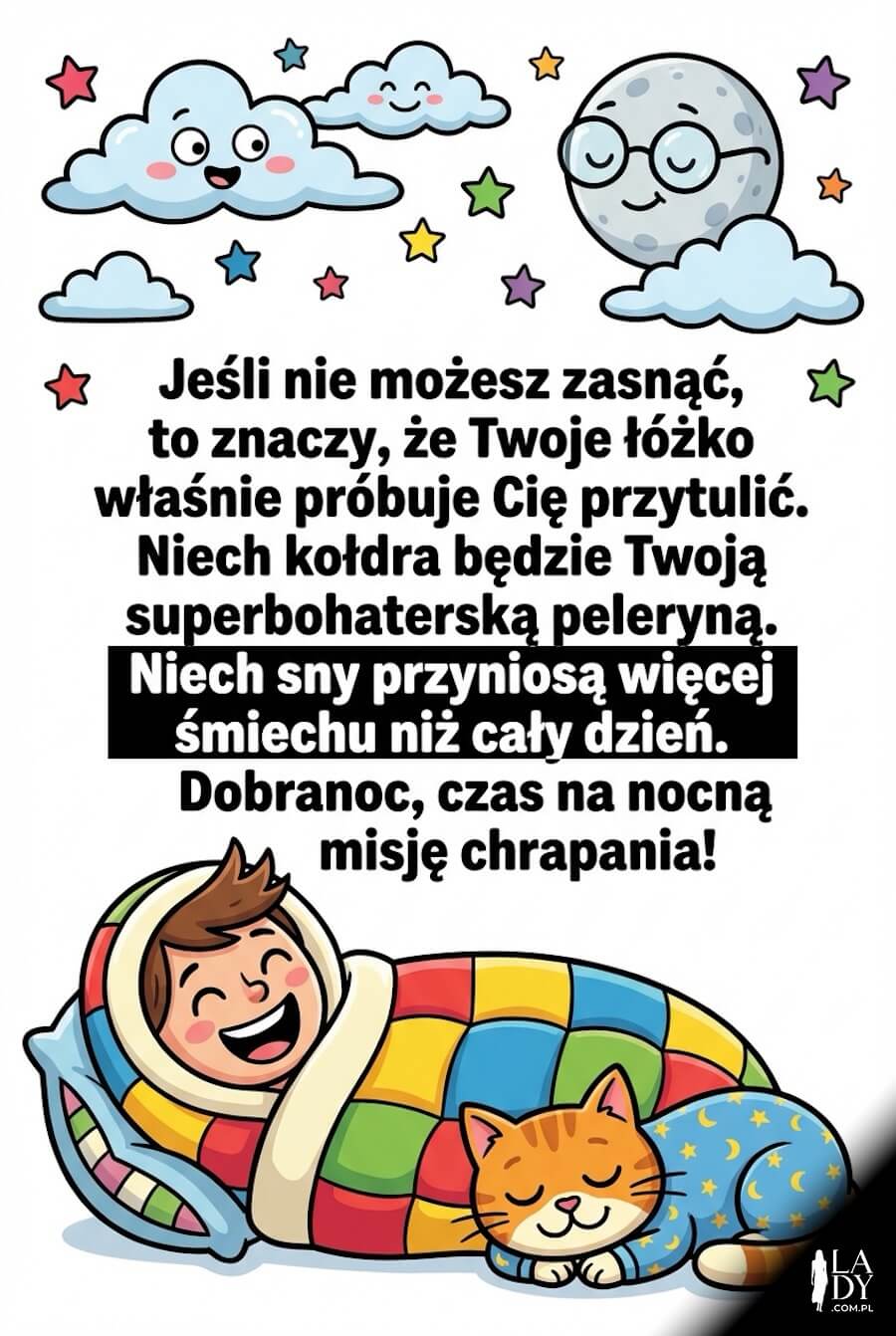 Kolorowa, komiksowa kartka na dobranoc z postacią zawiniętą w kołdrę, śpiącym kotem i żartobliwym tekstem o przytulającym łóżku i nocnej misji chrapania.