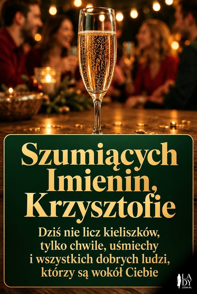 Kieliszek szampana na drewnianym stole na tle rozmytego przyjęcia, uroczyste życzenia imieninowe dla Krzysztofa