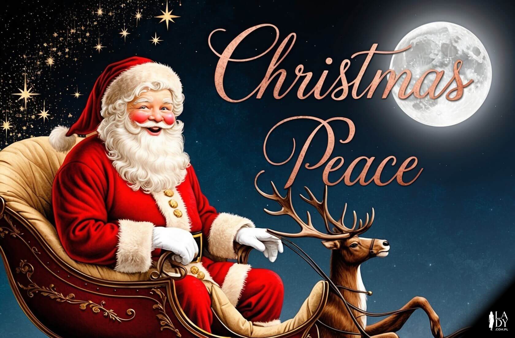 Klasyczna kartka świąteczna przedstawiająca Świętego Mikołaja w saniach z reniferami na tle rozgwieżdżonego nieba