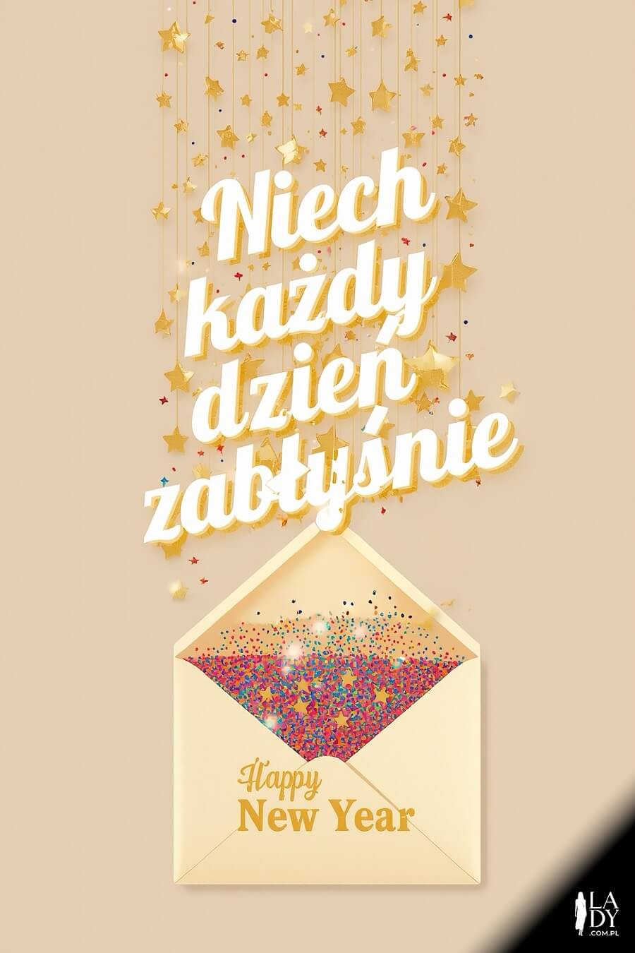 Mieniąca się koperta z gwiazdkami jako kartka do pobrania i wysłania do każdego, z humorystycznymi życzeniami: Niech każdy dzień zabłyśnie, Happy New Year