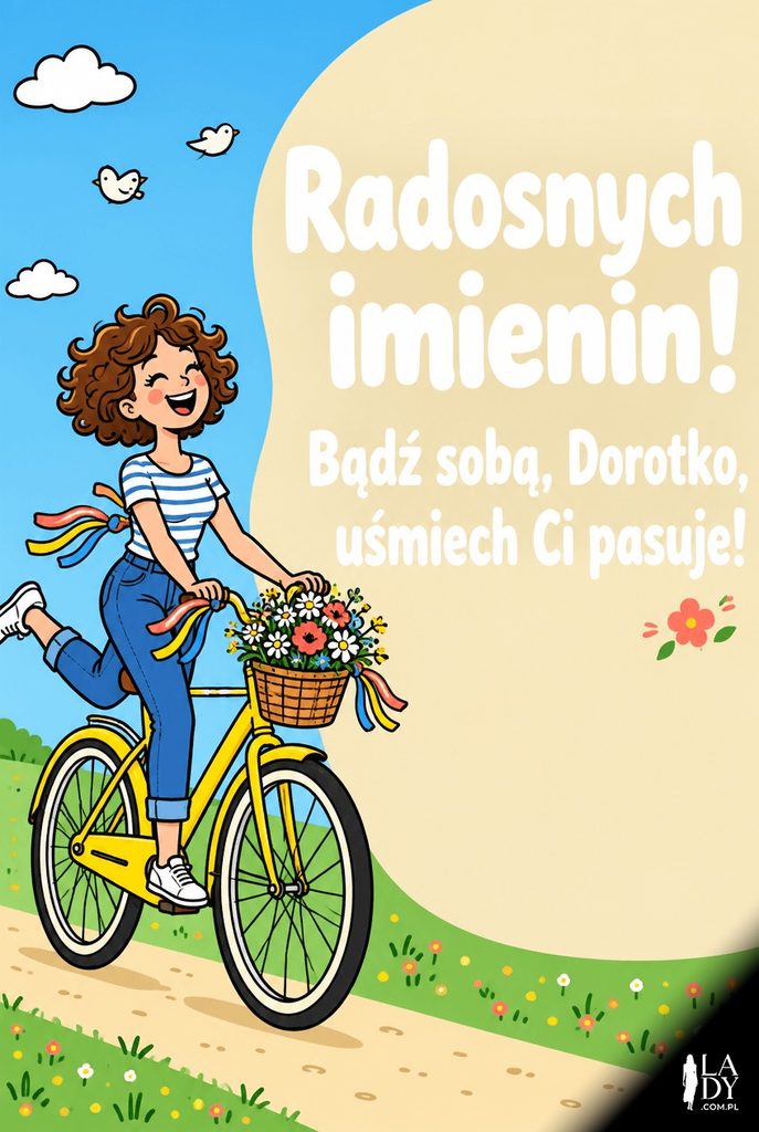 Kreskówkowa kartka imieninowa z roześmianą Dorotą jadącą na rowerze wśród kwiatów