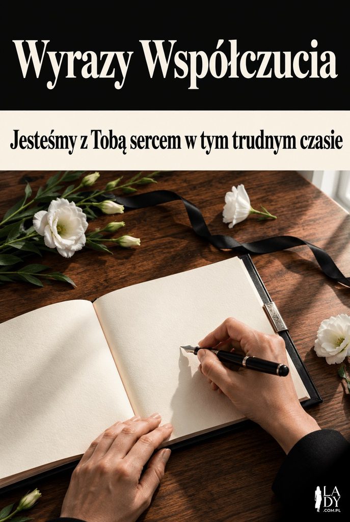 Kartka kondolencyjna z otwartą księgą kondolencyjną i wiecznym piórem, z napisem "Wyrazy Współczucia"