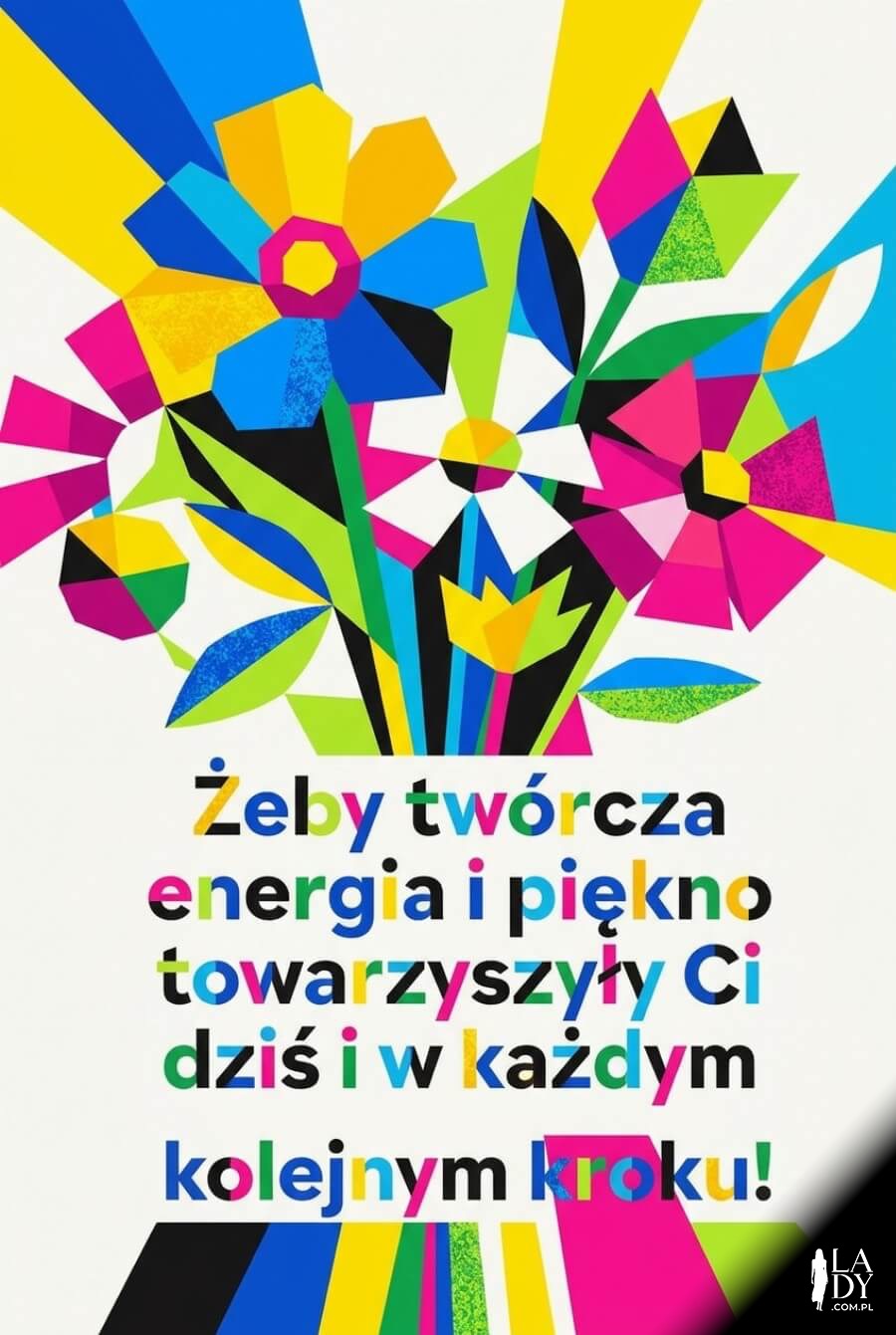 Kubistyczna kartka z geometrycznym bukietem kwiatów i nowoczesnymi życzeniami