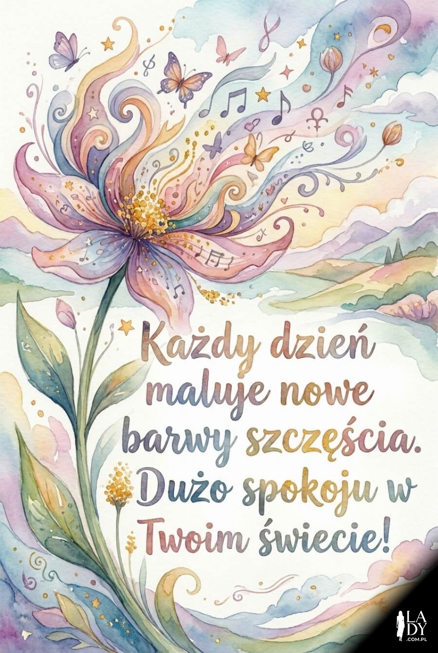 Magiczna akwarelowa kartka z fantazyjnym kwiatem i dużym, artystycznym napisem