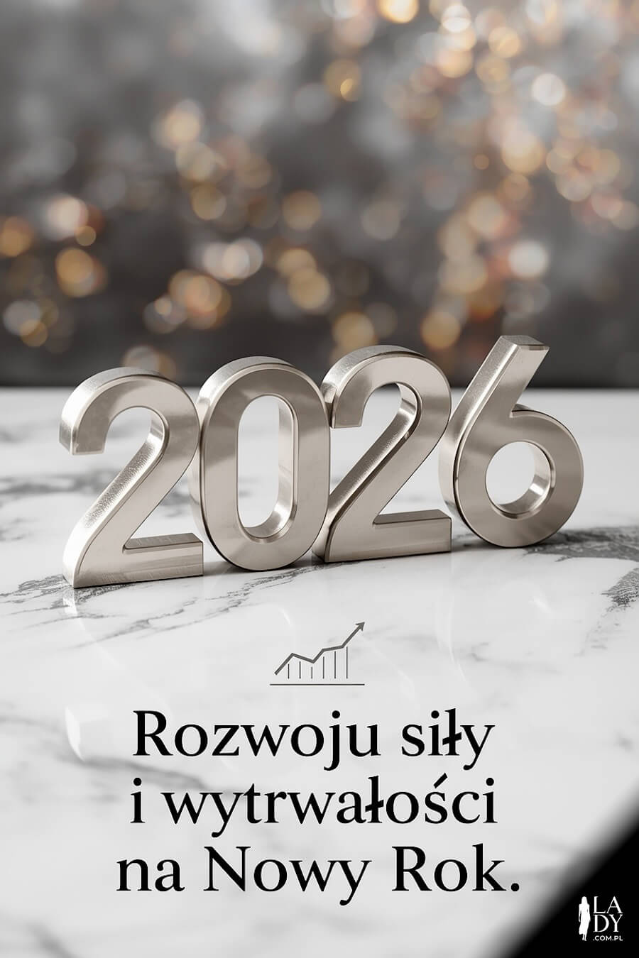 Oryginalna kartka do wysłania w Sylwestra dla firm lub klientów, cyfra 2026 na marmurowym stole, z napisem: Rozwoju siły i wytrwałości na Nowy Rok