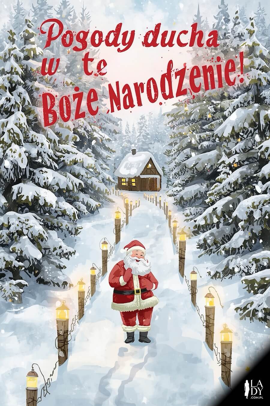 Oryginalna kartka do wysłania z okazji świąt wigilijnych, uśmiechnięty Mikołaj w drodze do chatki oświetloną przez lampy, zaśnieżoną ścieżką, z napisem: Pogody ducha w te Boże Narodzenie