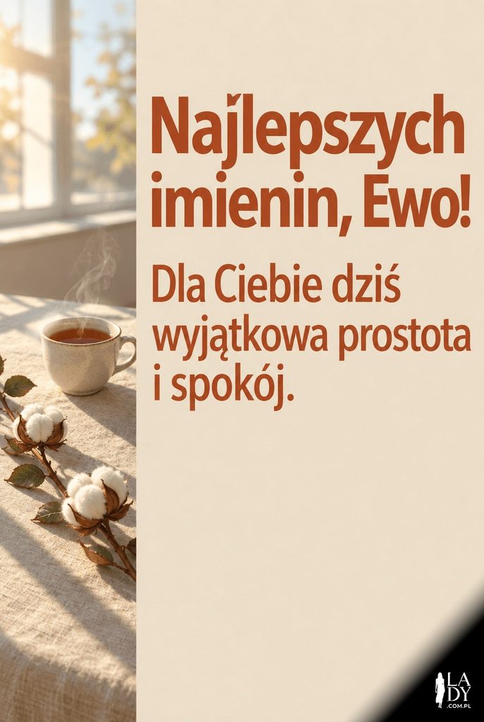 Minimalistyczna kartka imieninowa dla Ewy z gałązką bawełny na lnianym obrusie i życzeniami „Najlepszych imienin, Ewo!".