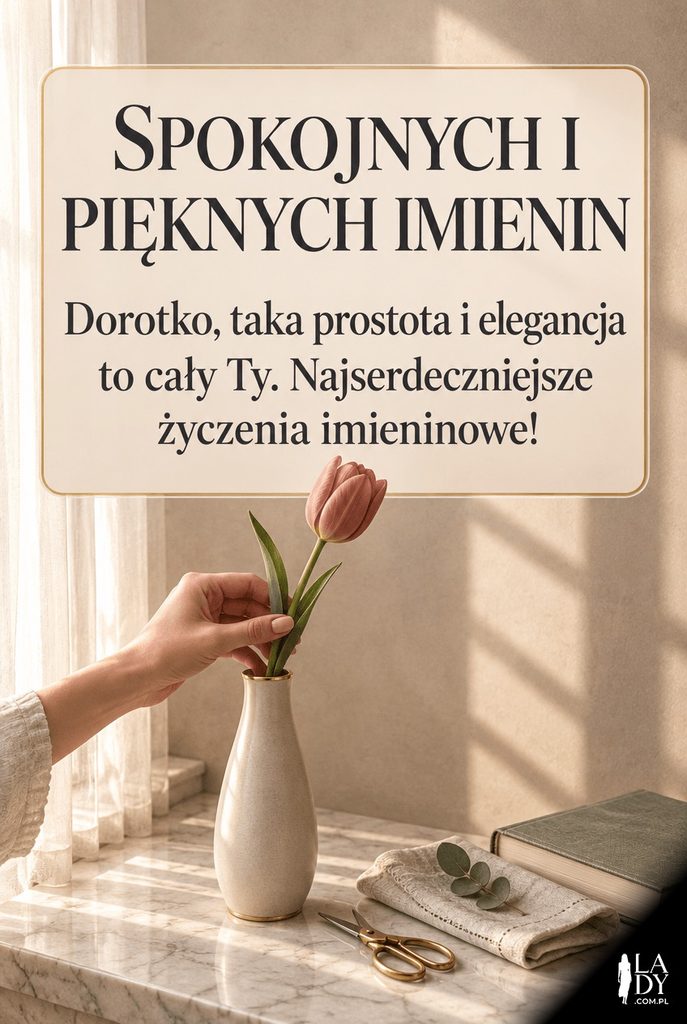 Minimalistyczna kartka imieninowa dla Doroty z pojedynczym tulipanem wkładanym do wazonu w porannym świetle