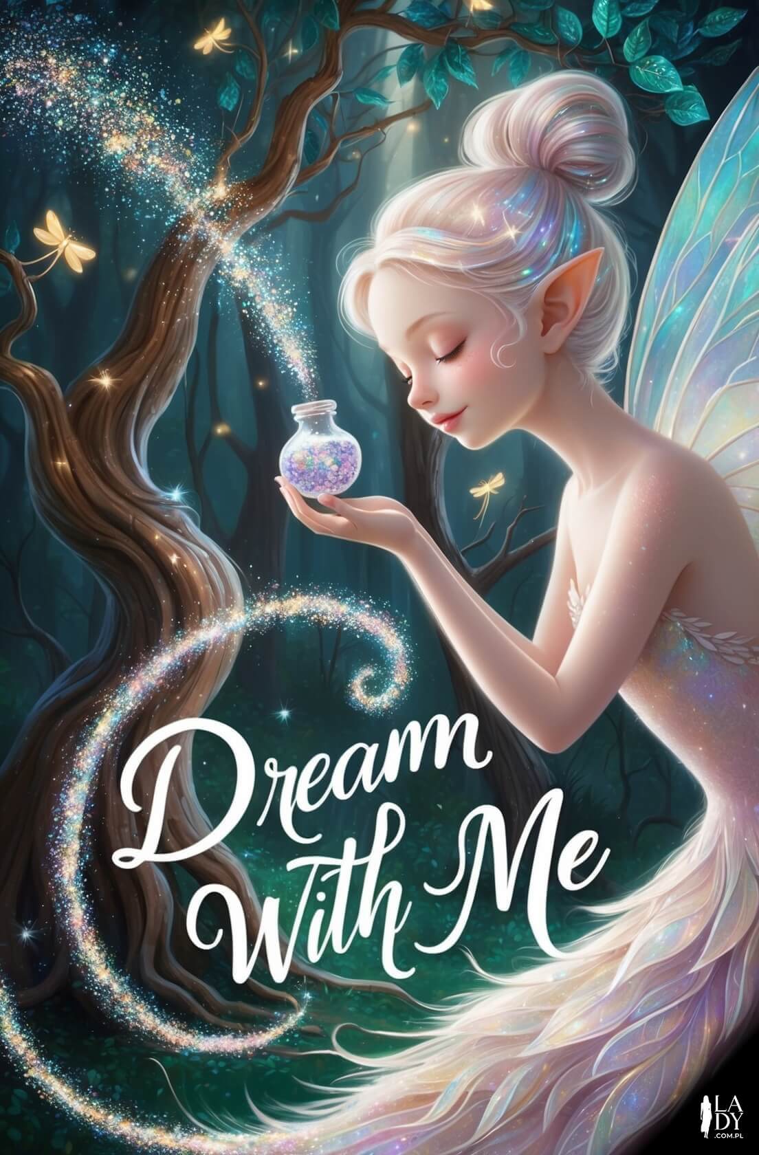 Mistyczna kartka na dobranoc z wróżką rozsypującą gwiezdny pył