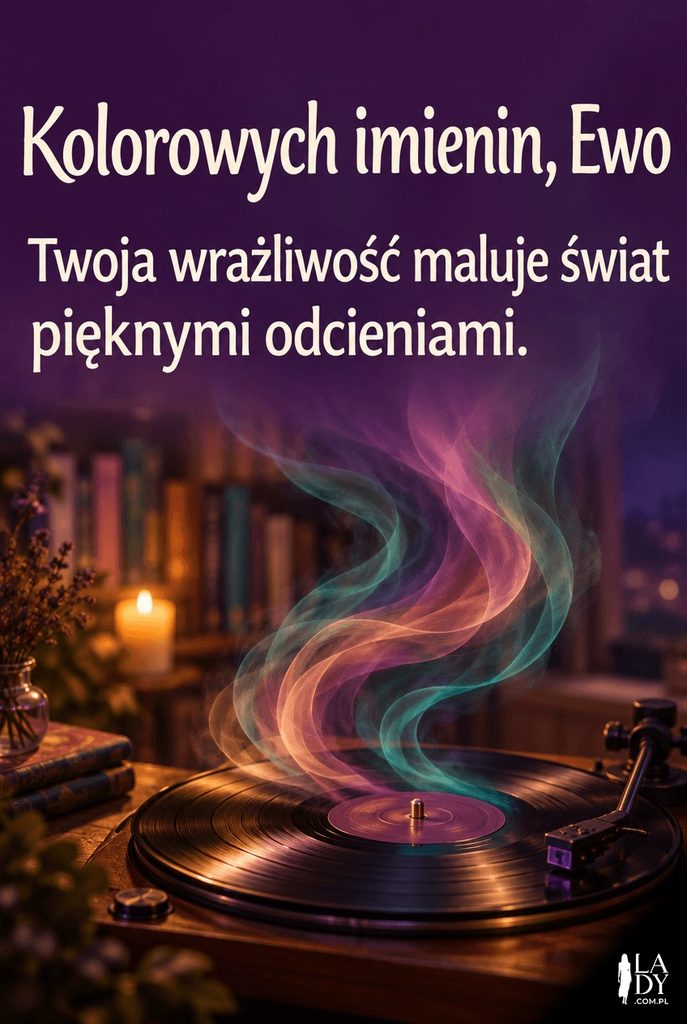 Kartka imieninowa dla Ewy w stylu organicznego gradientu z gramofonem i wstęgami koloru, z napisem „Kolorowych imienin, Ewo".