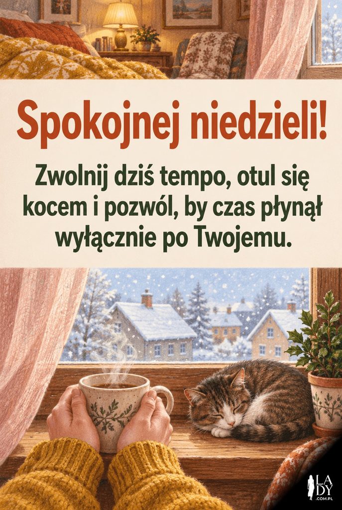 Ciepła, rysowana ilustracja przytulnego niedzielnego poranka z kubkiem herbaty na parapecie i śpiącym kotem, z dłuższym życzeniem spokojnej niedzieli.