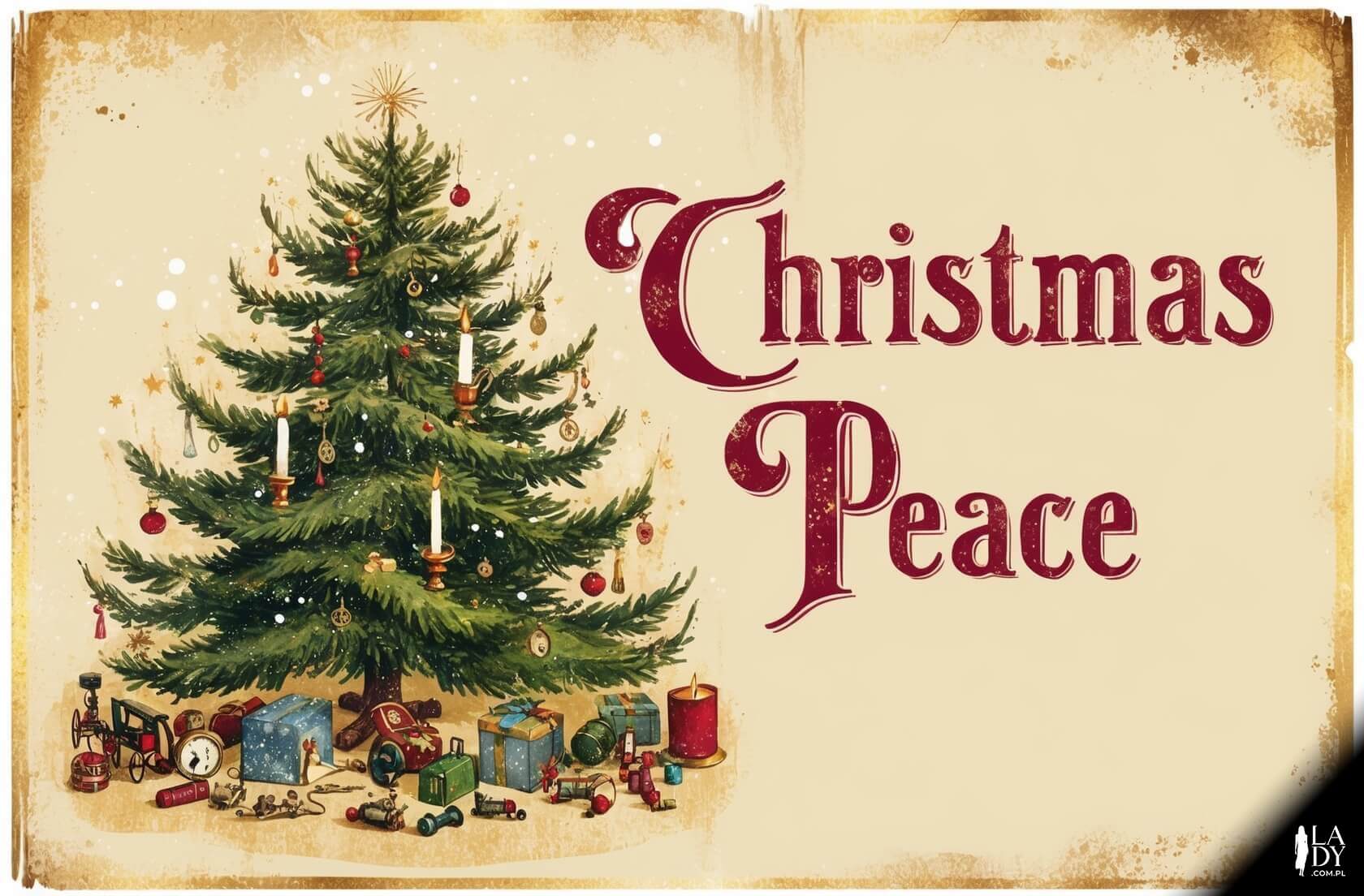 Nostalgiczna kartka ze starymi zabawkami pod choinką w wyblakłych kolorach