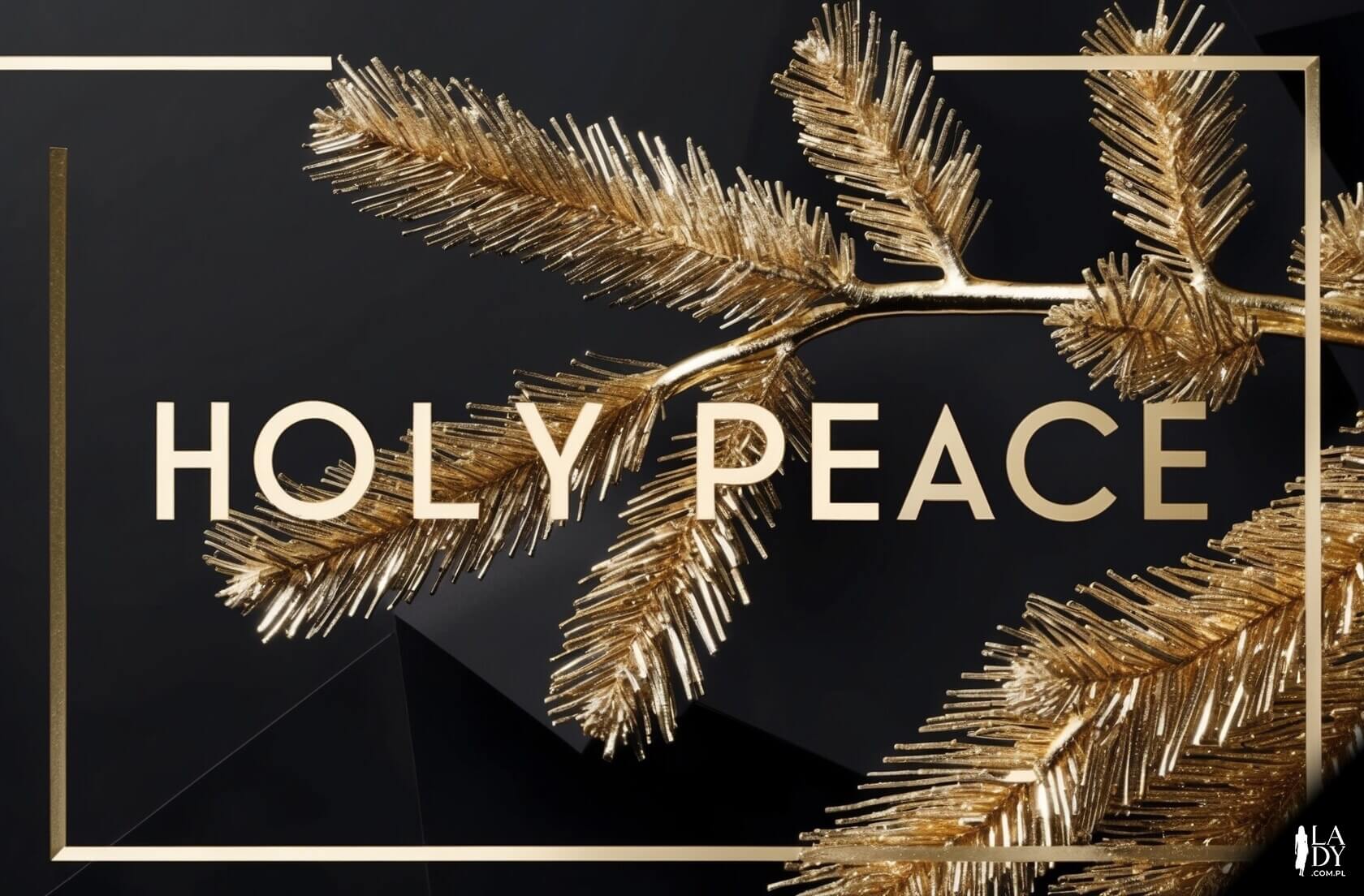 Nowoczesna kartka ze złotą gałązką sosny na czarnym tle