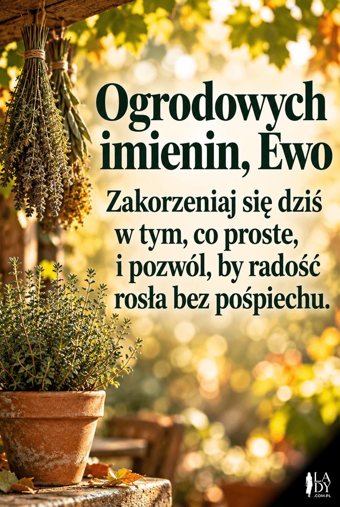 Rustykalna kartka imieninowa dla Ewy z doniczką tymianku na tle świetlistego bokeh, z dłuższymi życzeniami „Ogrodowych imienin, Ewo".