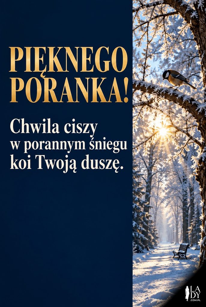Elegancka, premium ilustracja oszronionej gałęzi w zimowym parku o poranku, z życzeniem pięknego i spokojnego dnia.