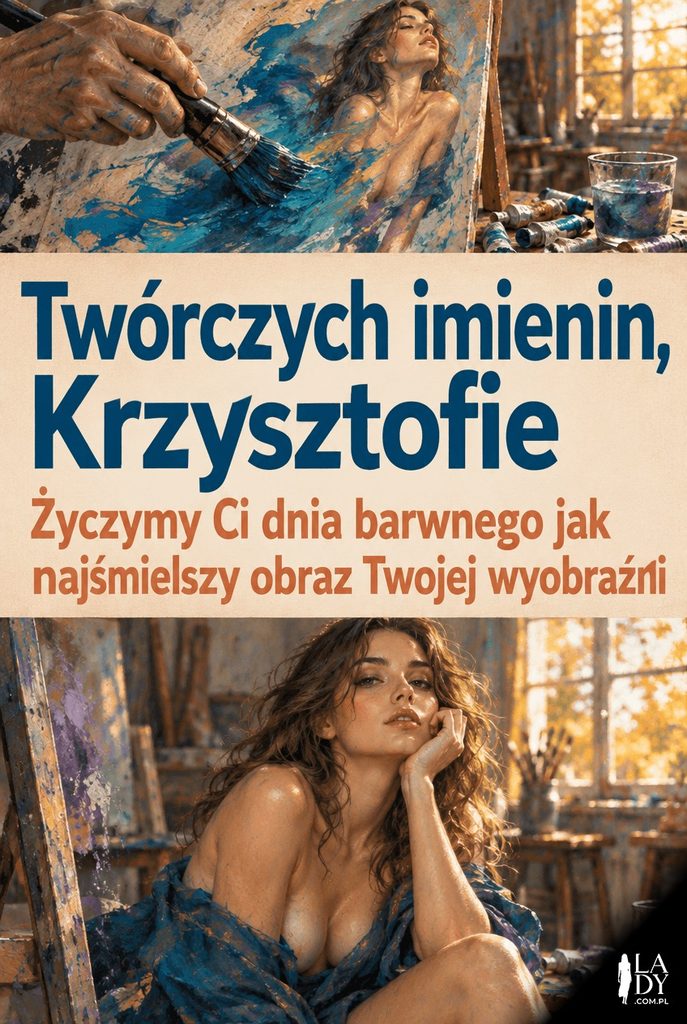 Dłoń malująca pędzlem ptaka z plam farby, twórcze życzenia imieninowe dla Krzysztofa