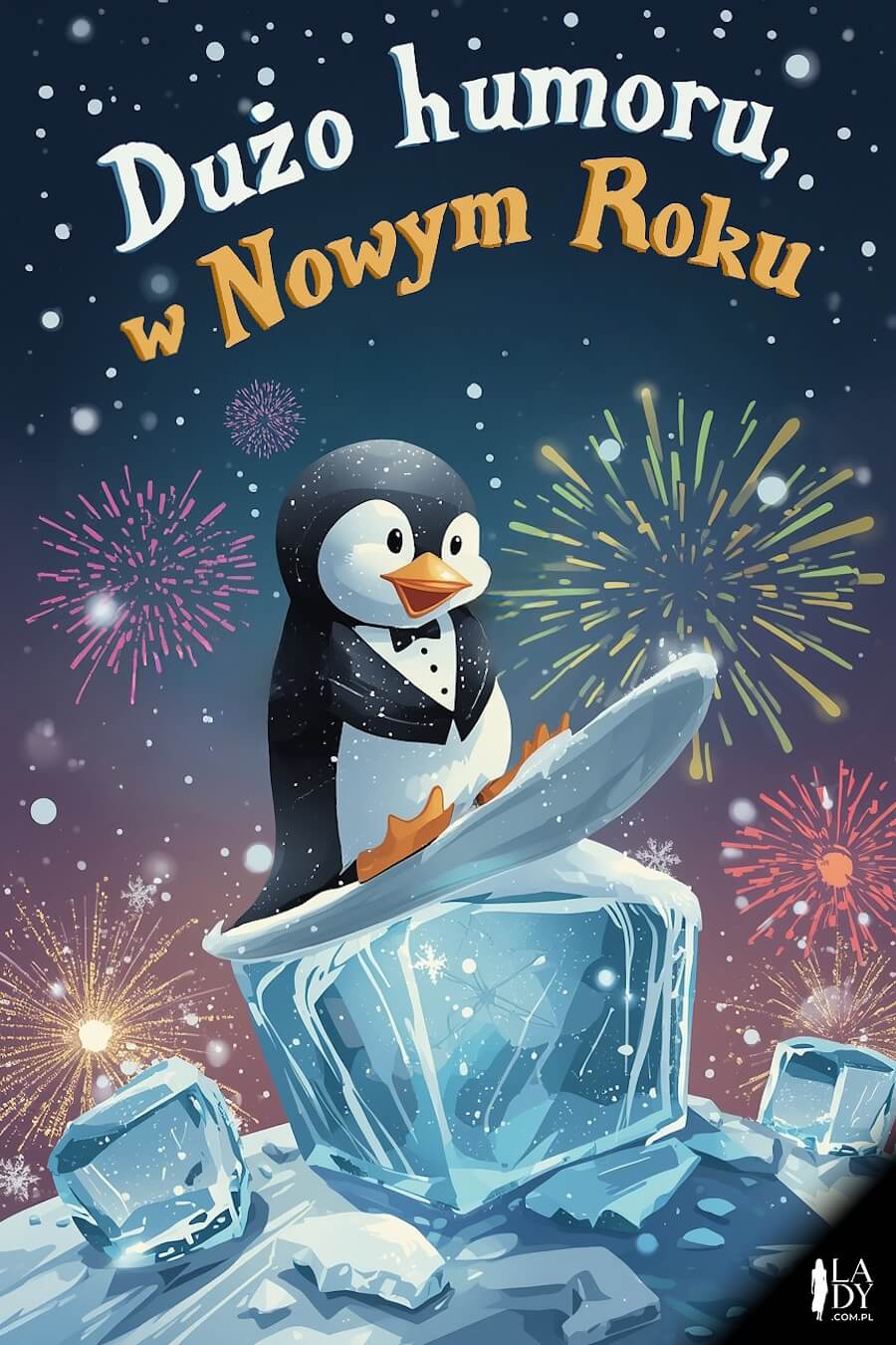 Zabawny pingwinek na desce, na kostce lodu, w Sylwestra, fajerwerki na niebie i tekst: Dużo humoru, w Nowym Roku