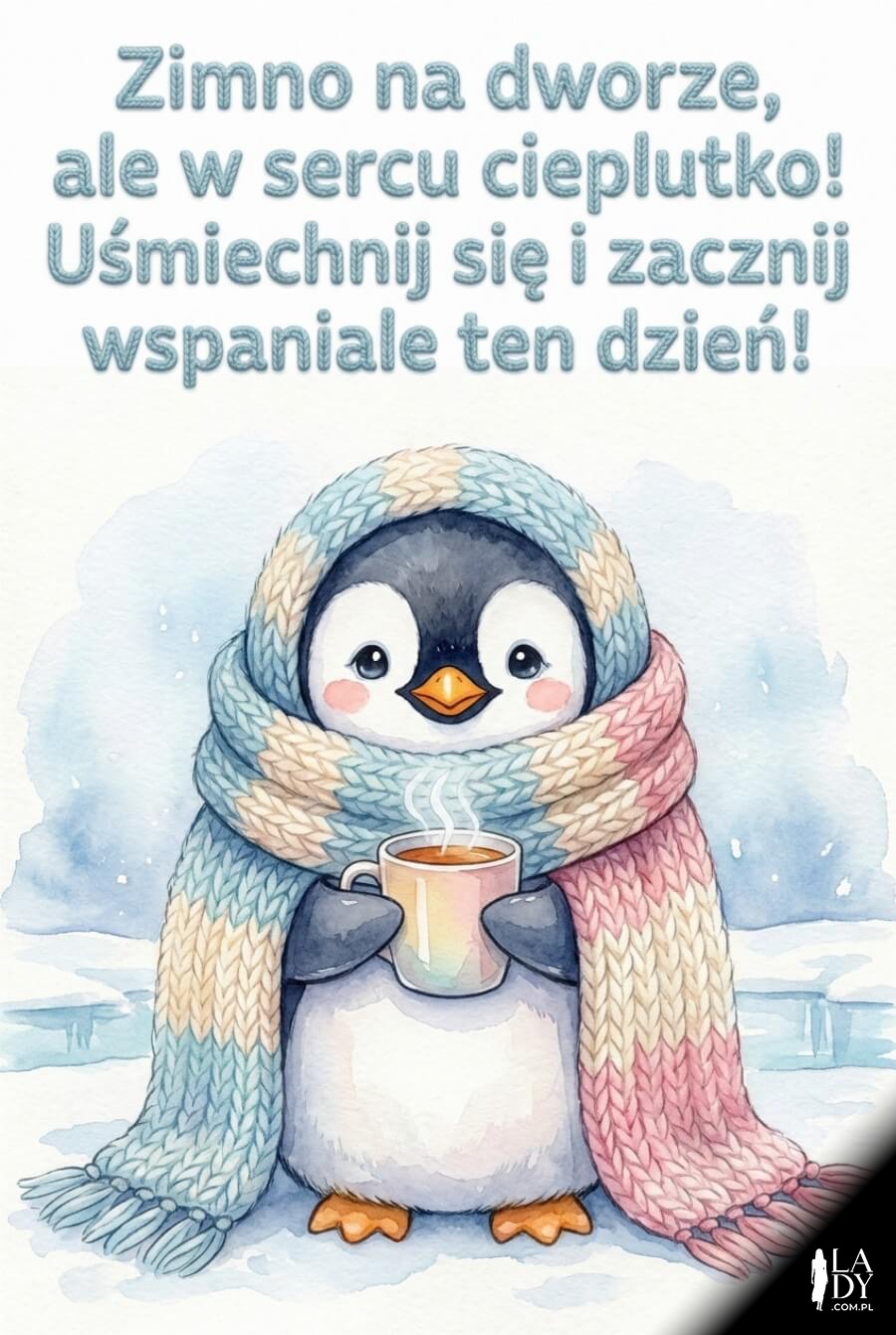 Akwarelowy pingwin w wielkim szaliku z kubkiem i pozytywnymi, wełnianymi życzeniami na dobry dzień