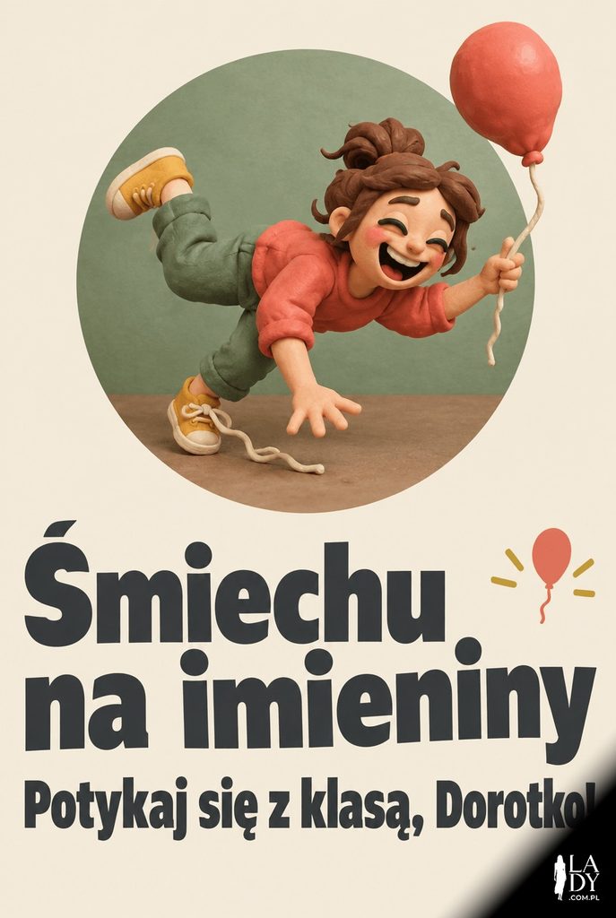 Humorystyczna kartka imieninowa w stylu plasteliny z Dorotą potykającą się o sznurowadło
