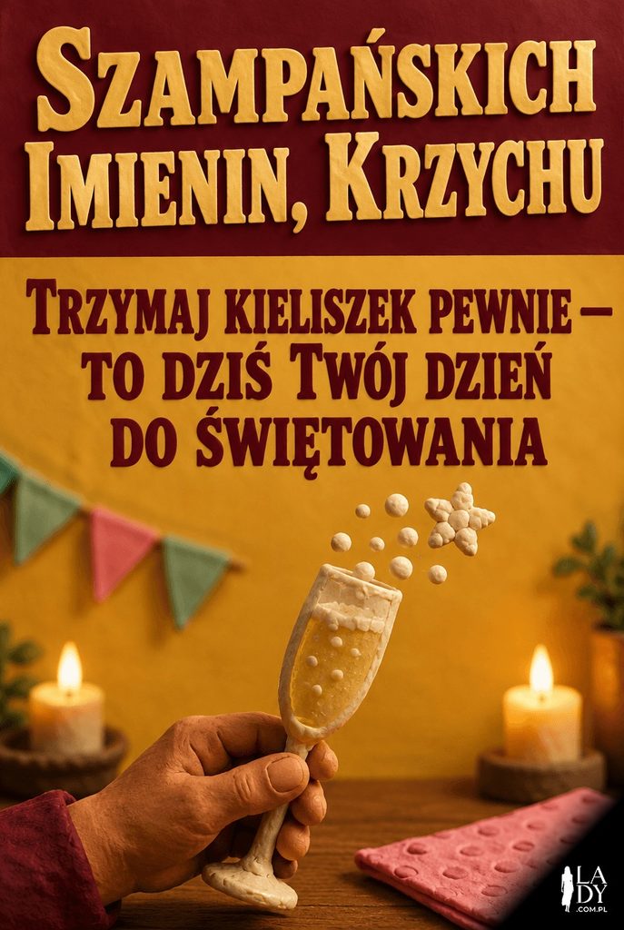 Plastelinowa dłoń unosząca kieliszek szampana z bąbelkami w kształcie gwiazdy, życzenia imieninowe dla Krzycha