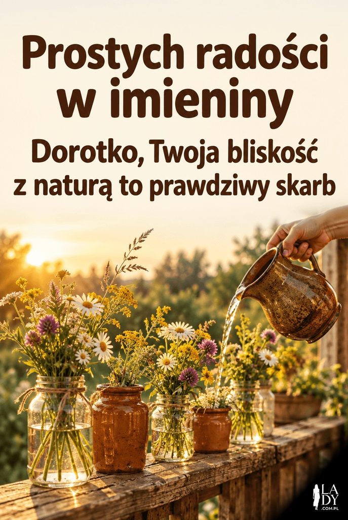 Kartka imieninowa w stylu lifestyle z podlewaniem polnych kwiatów na ganku dla Doroty