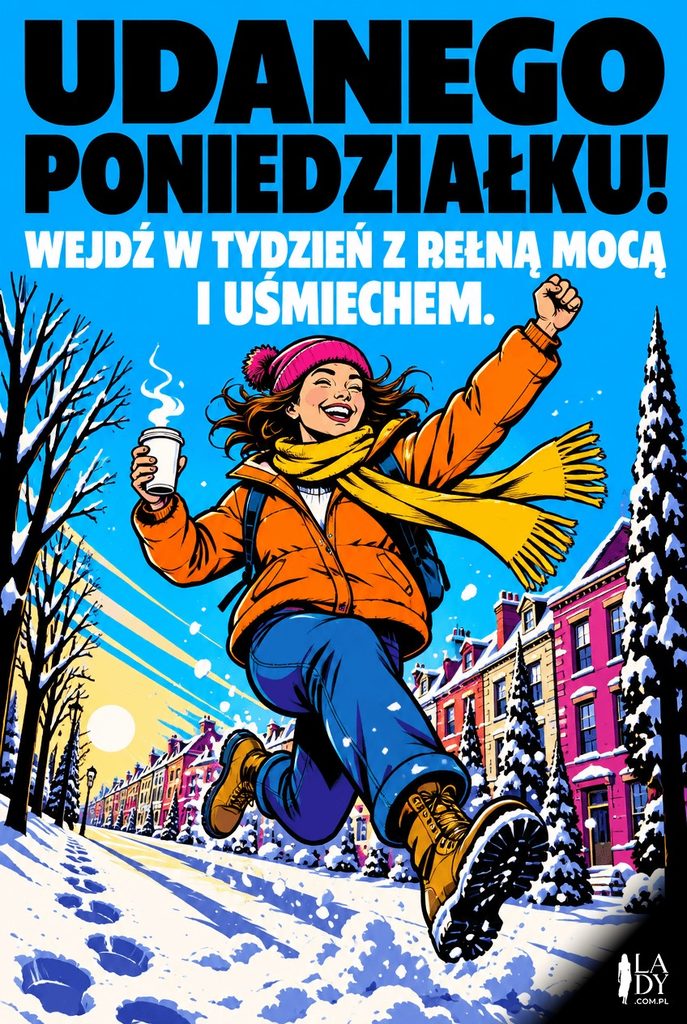 Kolorowa ilustracja pop-artowa energicznej osoby skaczącej przez śnieg w poniedziałkowy poranek, z życzeniem udanego poniedziałku