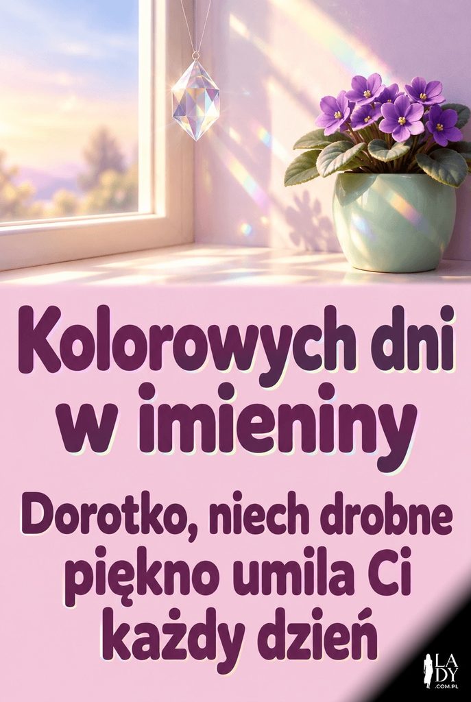 Delikatna kartka imieninowa dla Doroty z pryzmatem światła i fiołkiem na parapecie