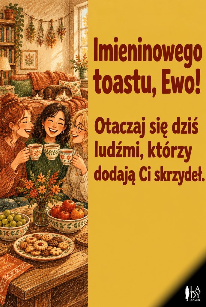 Ciepła, narracyjna kartka imieninowa dla Ewy z przyjaciółkami wznoszącymi toast filiżankami herbaty i napisem „Imieninowego toastu, Ewo!".