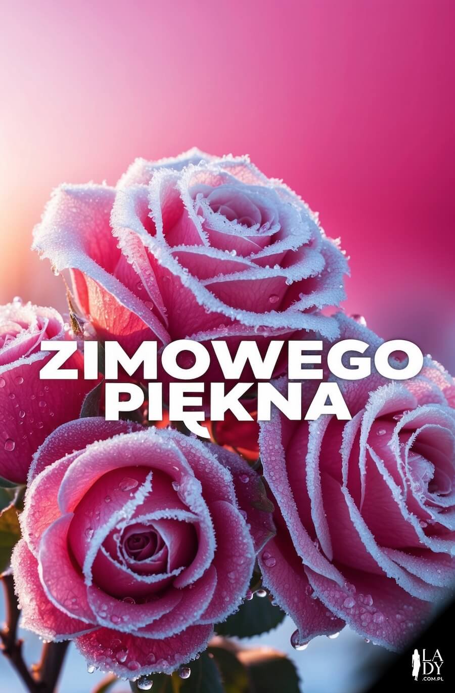 Piękna ilustracja pełna uroku, zmrożone różowe róże o poranku, z napisem: Zimowego piękna
