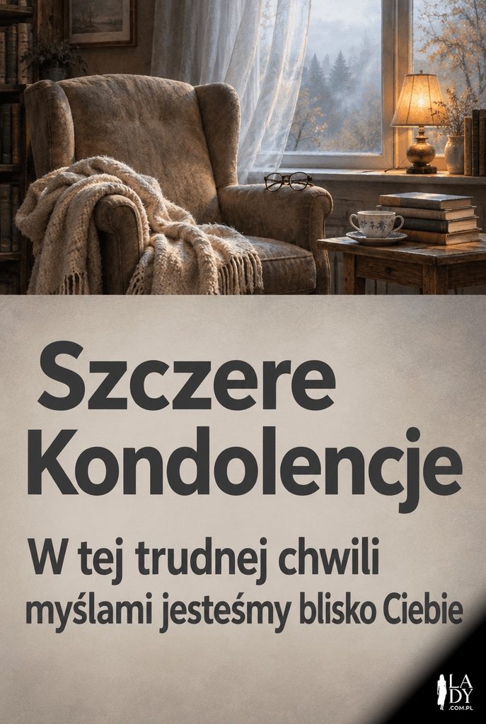 Kartka kondolencyjna z pustym fotelem przy oknie o mglistym poranku i napisem "Szczere Kondolencje"