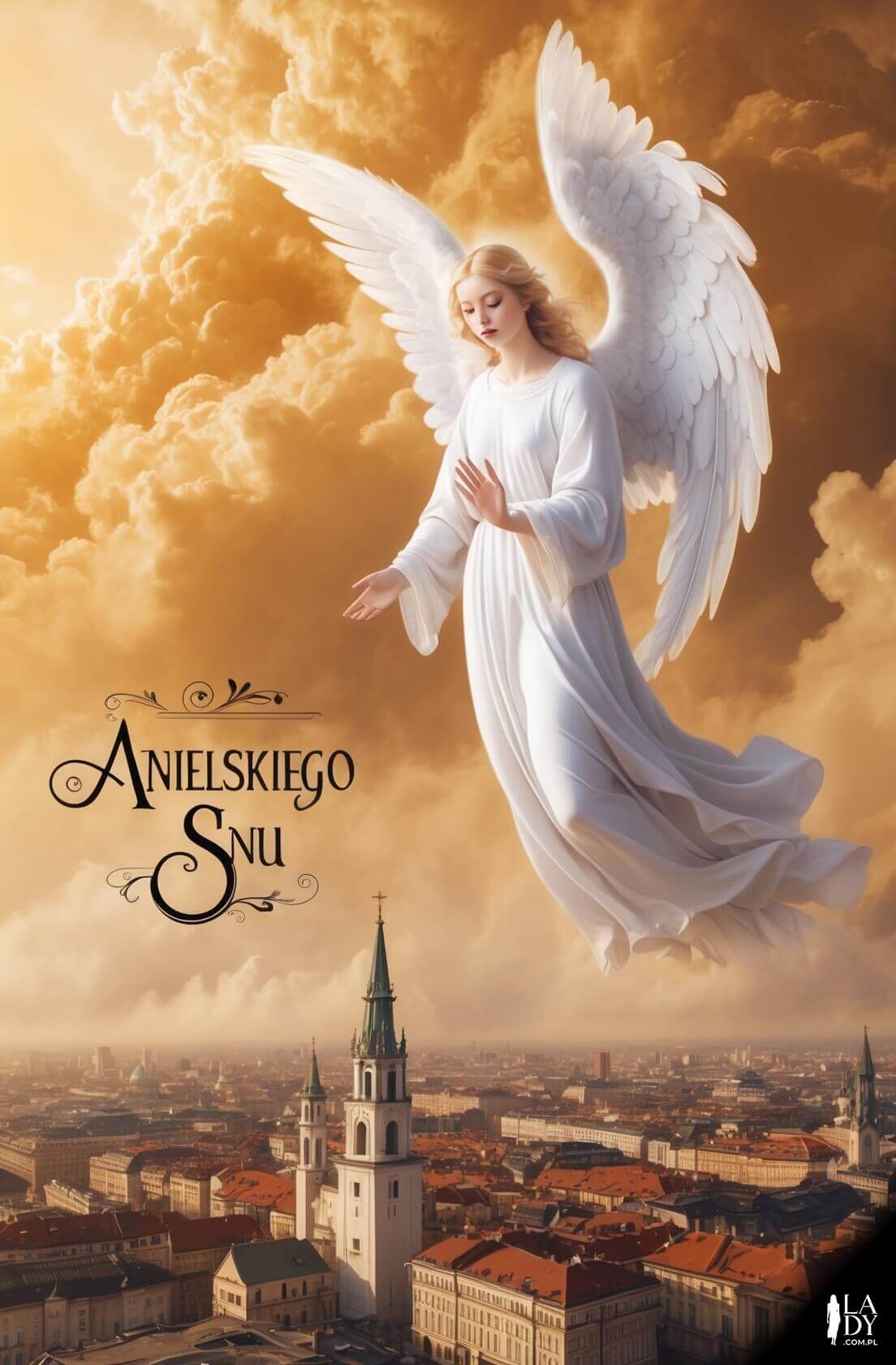 Religijna kartka na dobranoc z aniołem stróżem nad miastem