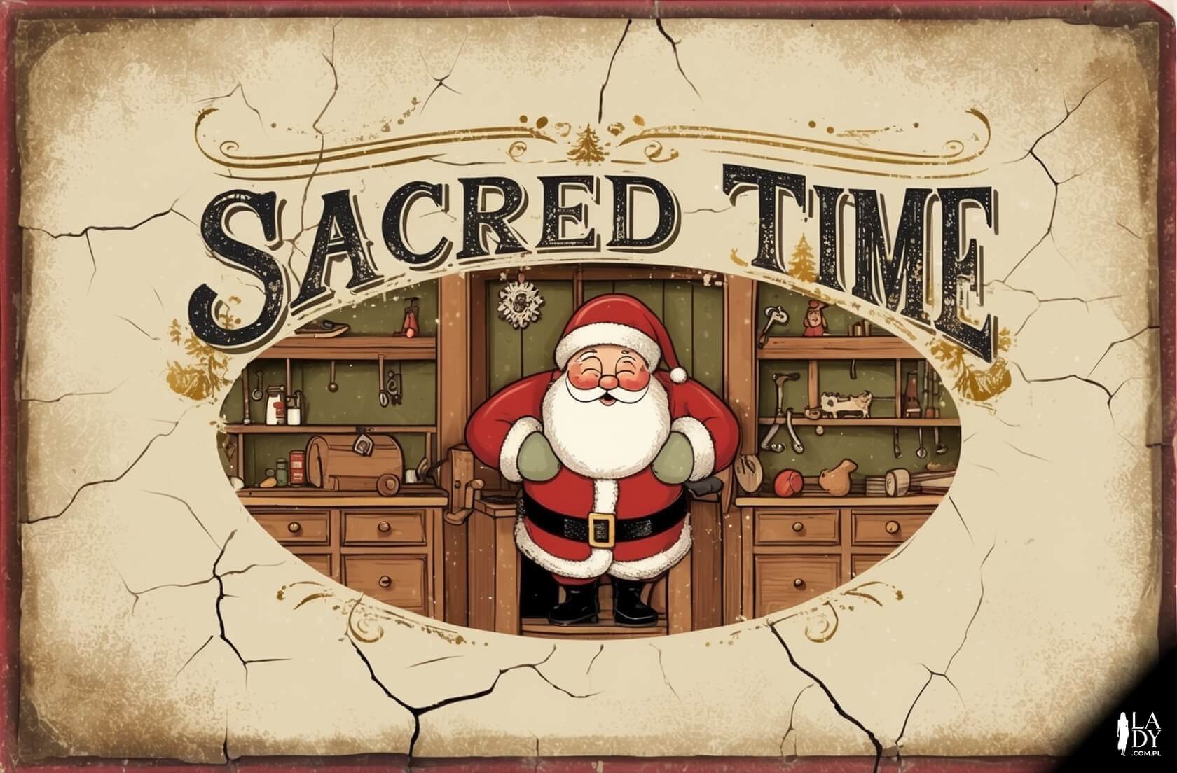 Retro kartka z warsztatem Świętego Mikołaja z efektem postarzenia