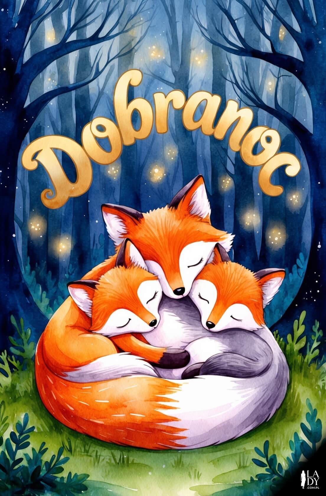 Rodzinna kartka na dobranoc ze śpiącymi liskami