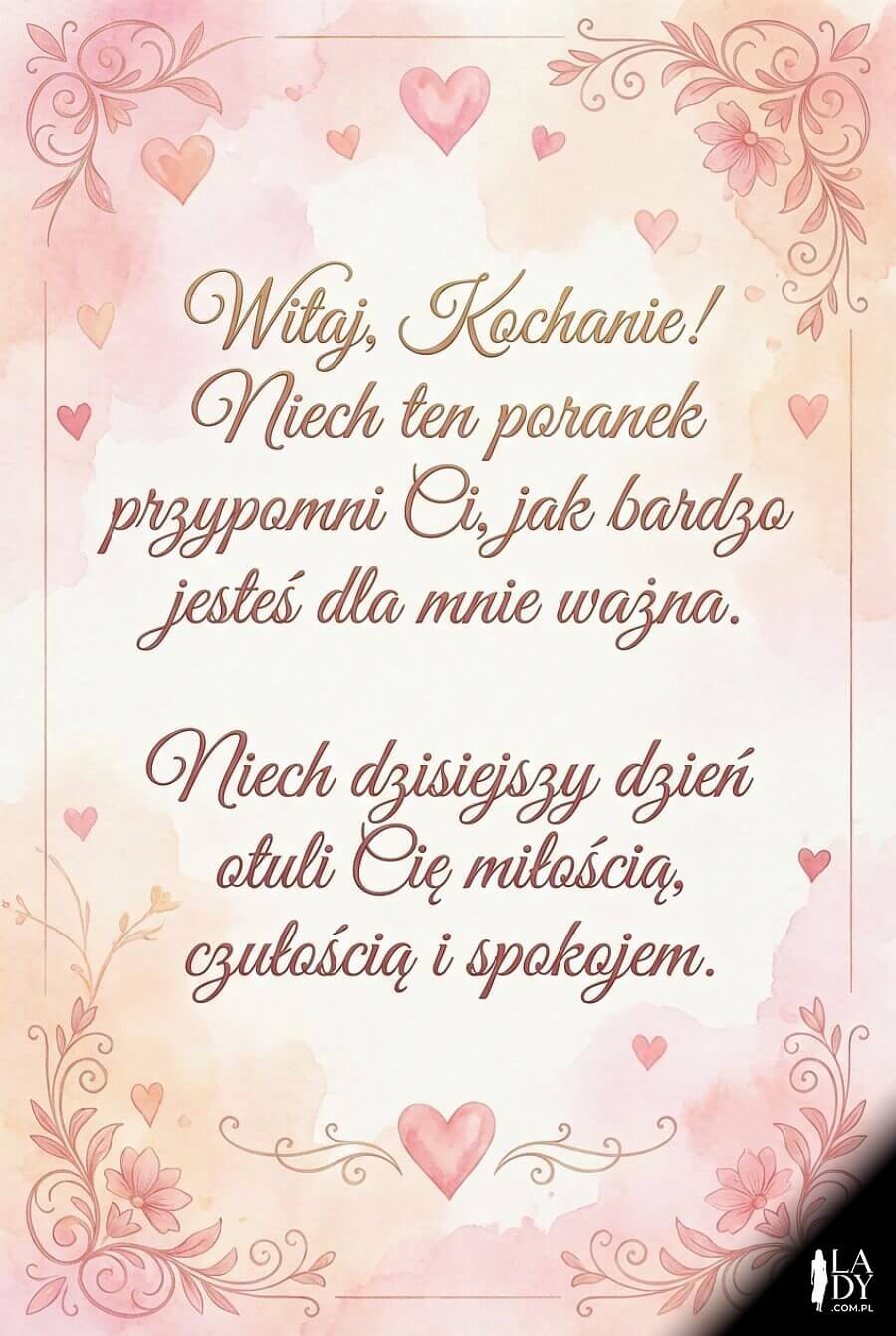 Romantyczna kartka na dzień dobry z pastelowym tłem, serduszkami i dużym napisem z czułymi życzeniami dla ukochanej.