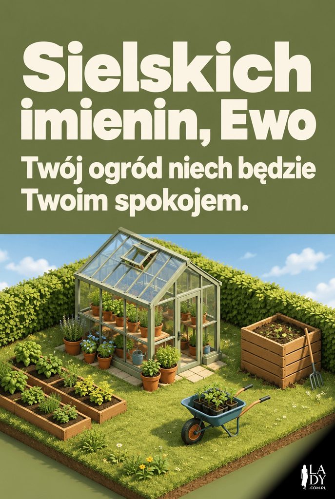 Izometryczna kartka imieninowa dla Ewy z miniaturową szklarnią i ogrodem, z napisem „Sielskich imienin, Ewo".