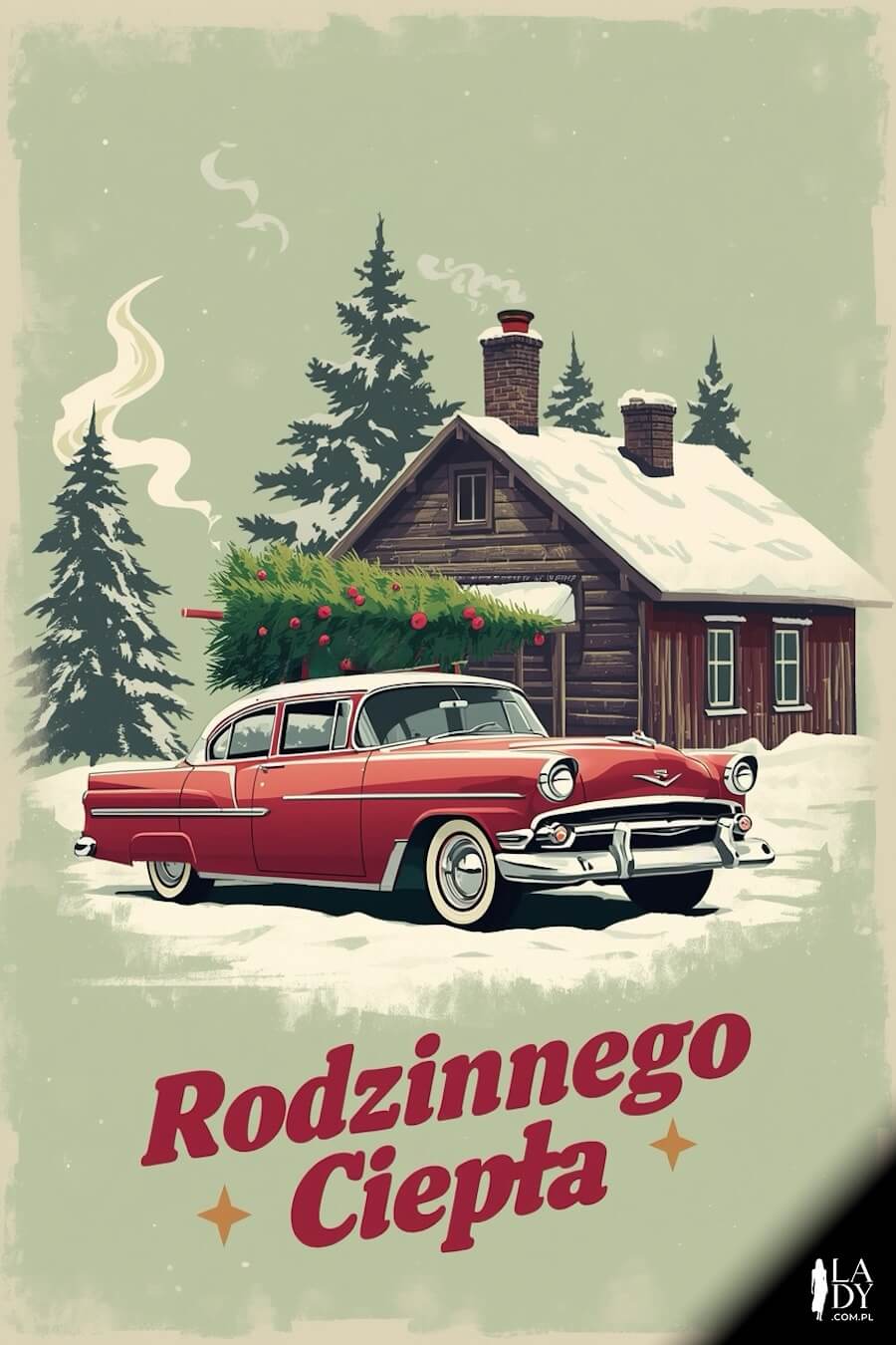 Wspaniały, klasyczny wóz z choinką na dachu przed domem w święta Bożego Narodzenia, z napisem: Rodzinnego ciepła