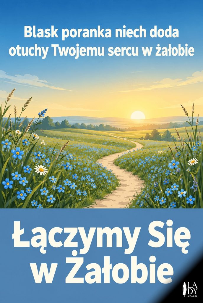 Kartka kondolencyjna ze ścieżką wśród niezapominajek o świcie i napisem "Łączymy Się w Żałobie"