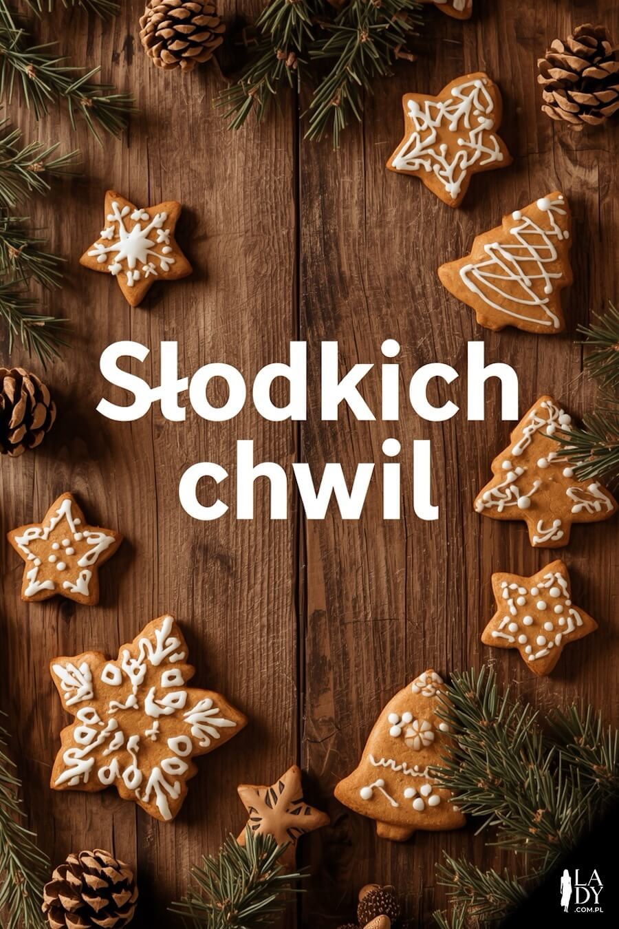 Świąteczna kartka do wysłania z okazji Bożego Narodzenia, słodkie pierniki, świąteczne wzory, przyozdobione białym lukrem, z napisem: Słodkich chwil