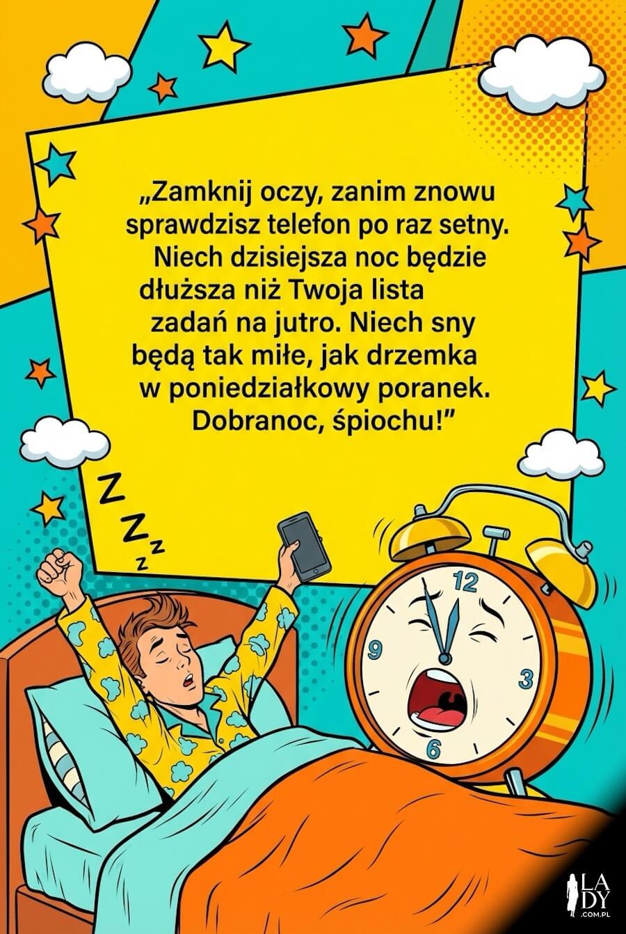 Zabawna kartka na dobranoc w komiksowym stylu z osobą w łóżku, telefonem, budzikiem i humorystycznym tekstem o wyłączaniu telefonu przed snem