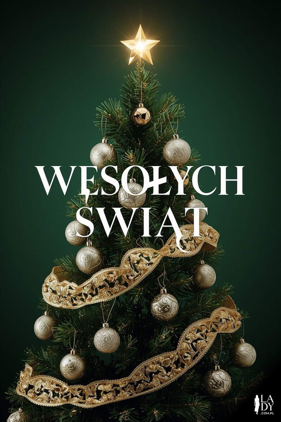 Świąteczna choinka ozdobiona gwiazdą, bombkami i łańcuchem, z życzeniami: Wesołych Świąt